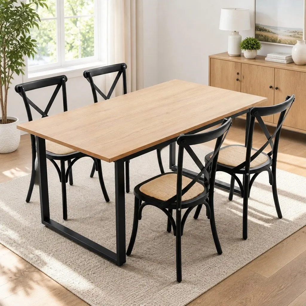 Dining Table and Chairs Set 5PCS Industrial 4 Seater Rattan Kitchen Dining Room