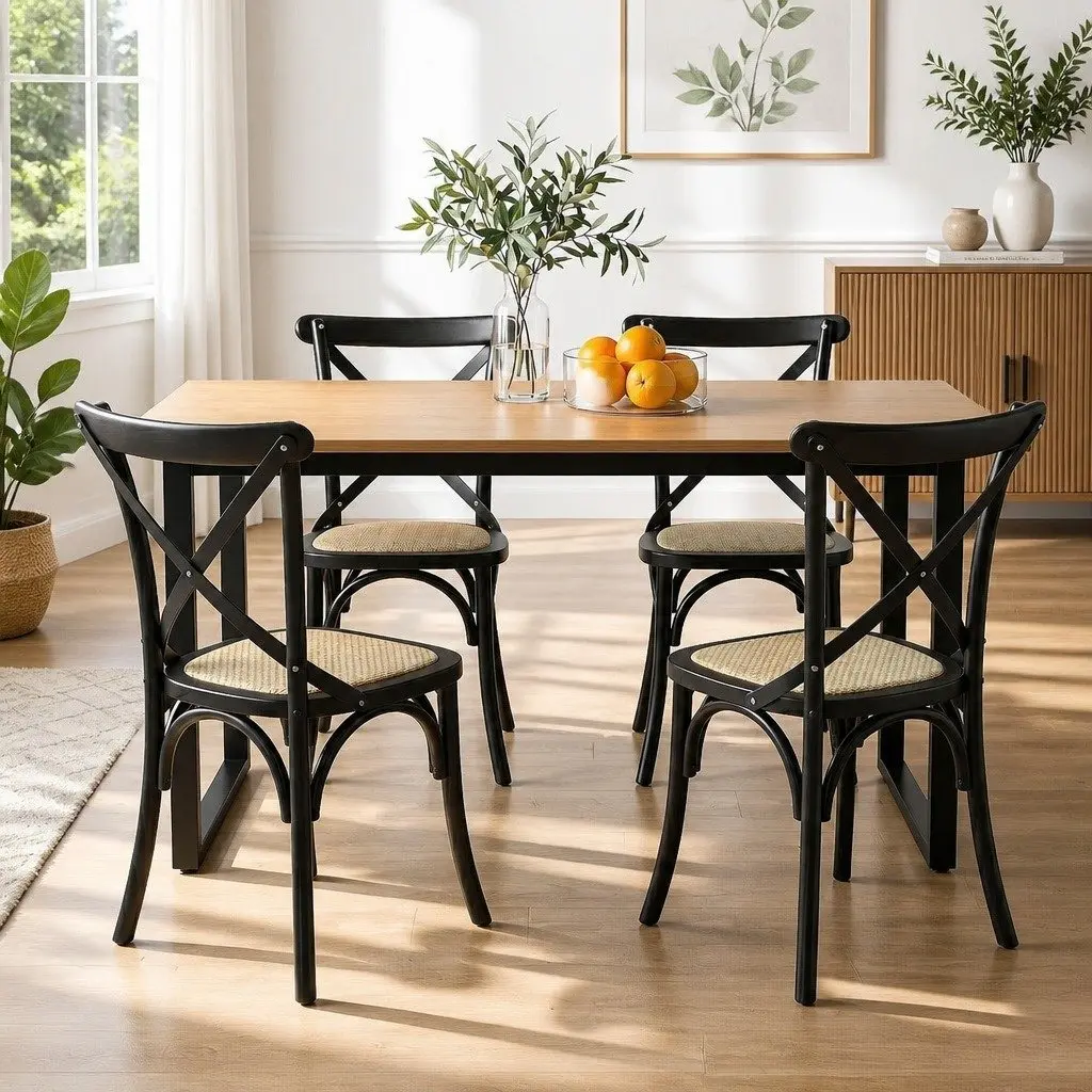 Dining Table and Chairs Set 5PCS Industrial 4 Seater Rattan Kitchen Dining Room