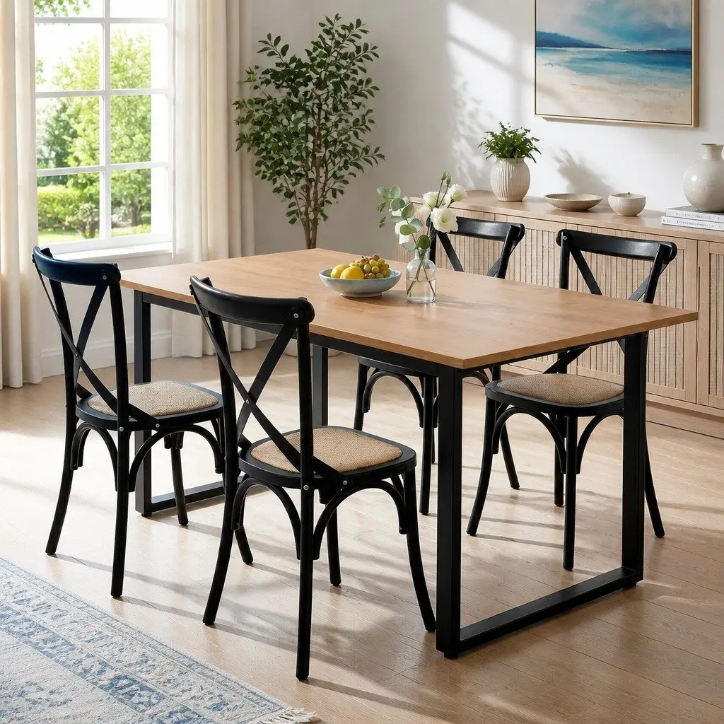 Dining Table and Chairs Set 5PCS Industrial 4 Seater Rattan Kitchen Dining Room
