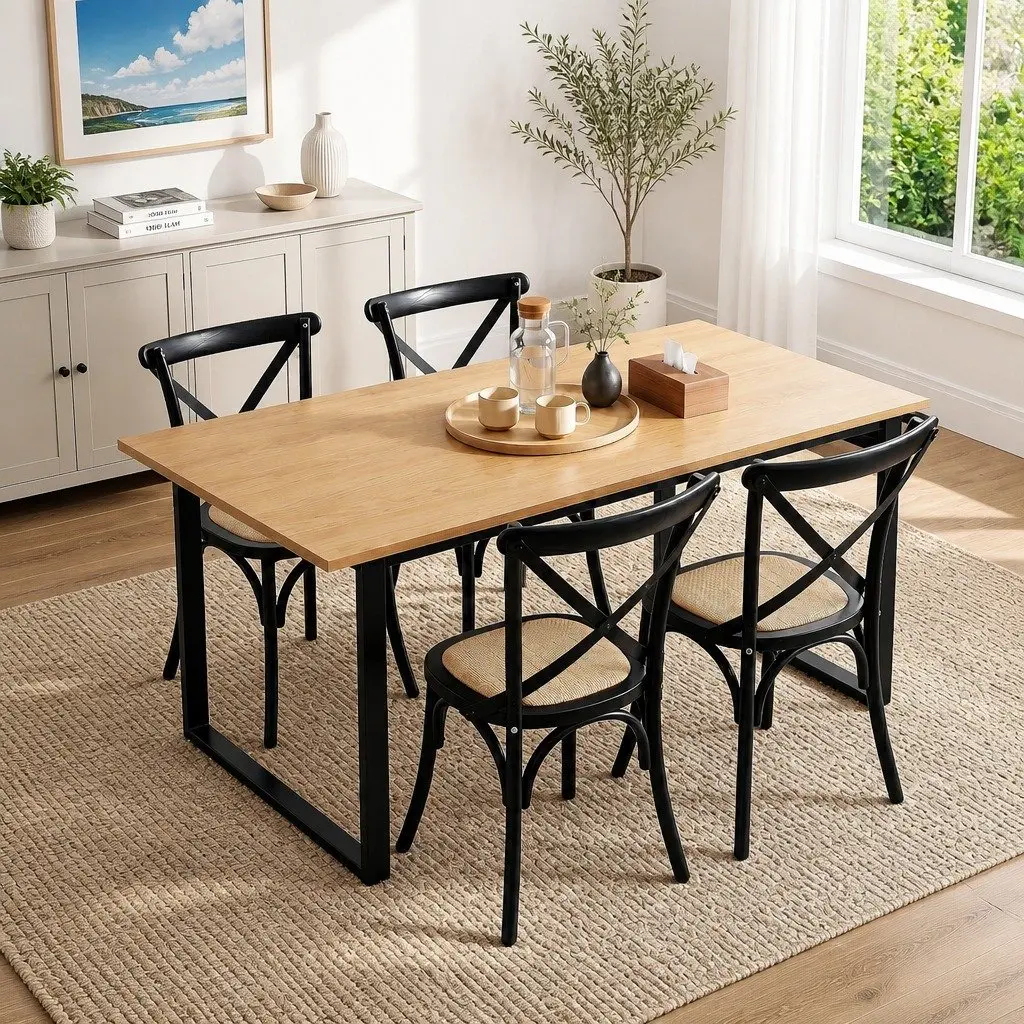 Dining Table and Chairs Set 5PCS Industrial 4 Seater Rattan Kitchen Dining Room