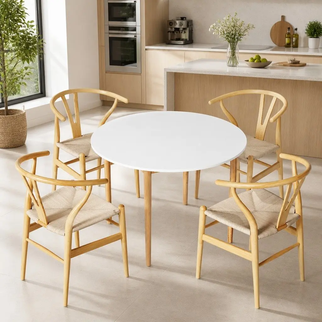 Dining Table and 4 Chairs Set Round Tabletop Kitchen Dining Room Furniture