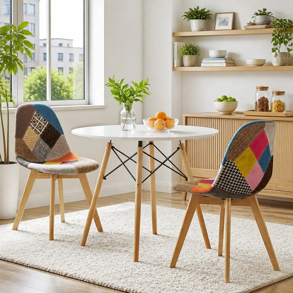 Dining Set 3 Piece Round Table and Chairs 90cm White and Multicolour