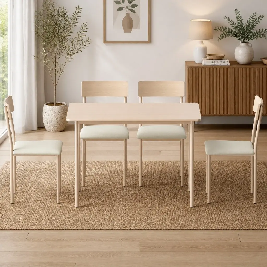 5-Piece Dining Set Compact Kitchen Table and Chairs Natural Beige Wood
