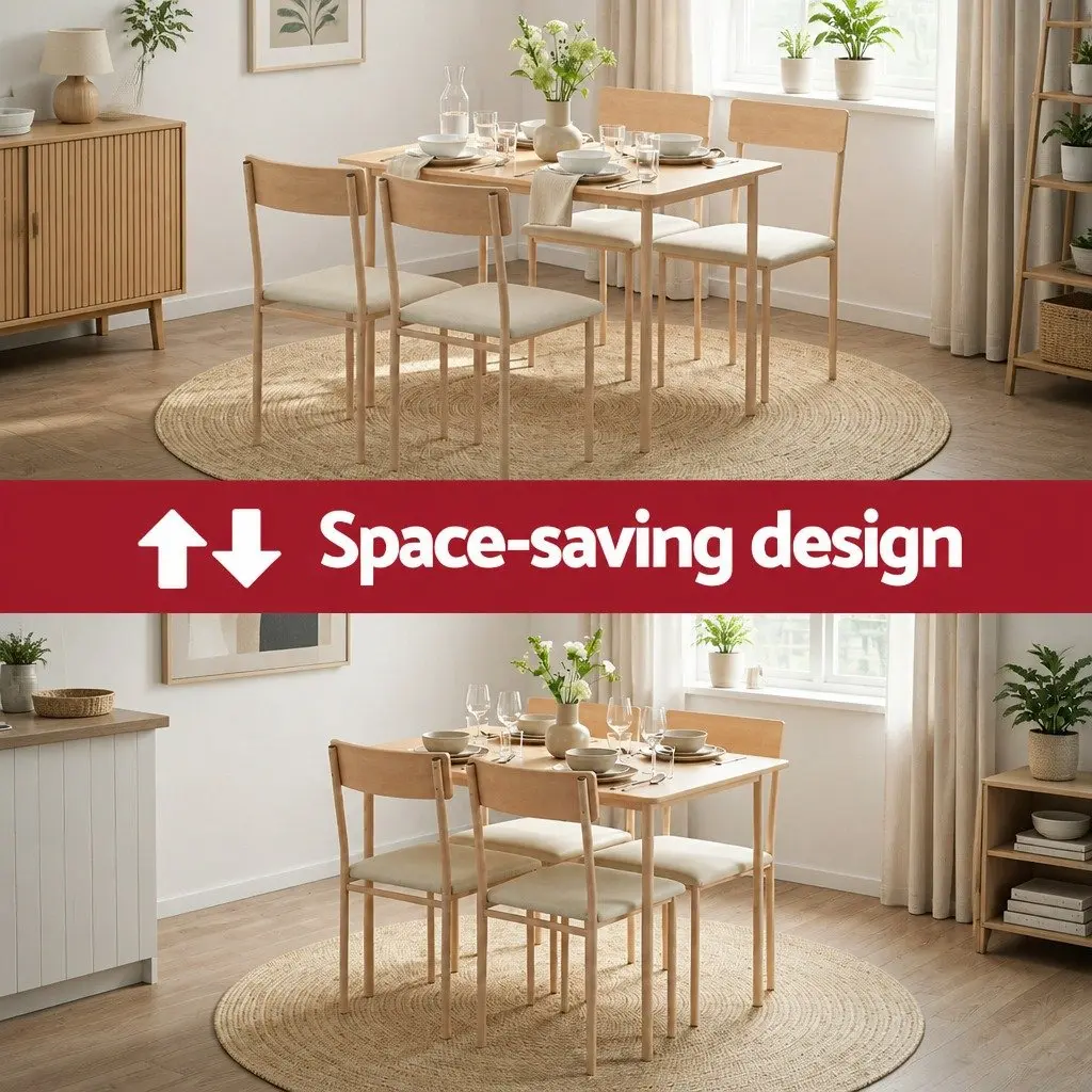 5-Piece Dining Set Compact Kitchen Table and Chairs Natural Beige Wood