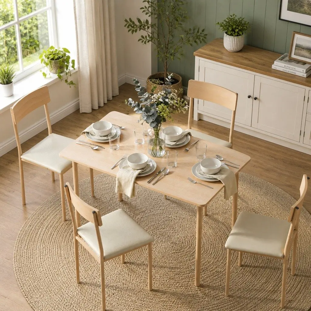 5-Piece Dining Set Compact Kitchen Table and Chairs Natural Beige Wood