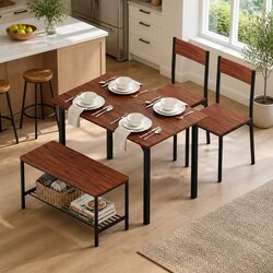 Dining Table and Chairs Set with Storage Bench Kitchen Furniture Brown Walnut