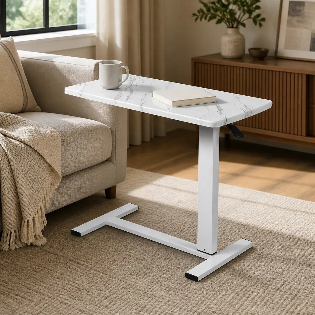 Height Adjustable Sofa Bed Side Table Gas Lift Mechanism 65-93cm Marbled White