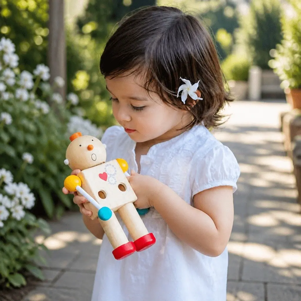 Robot Toy with Interchangeable Heads for Emotional Development 12cm W 20cm H Rubber Wood