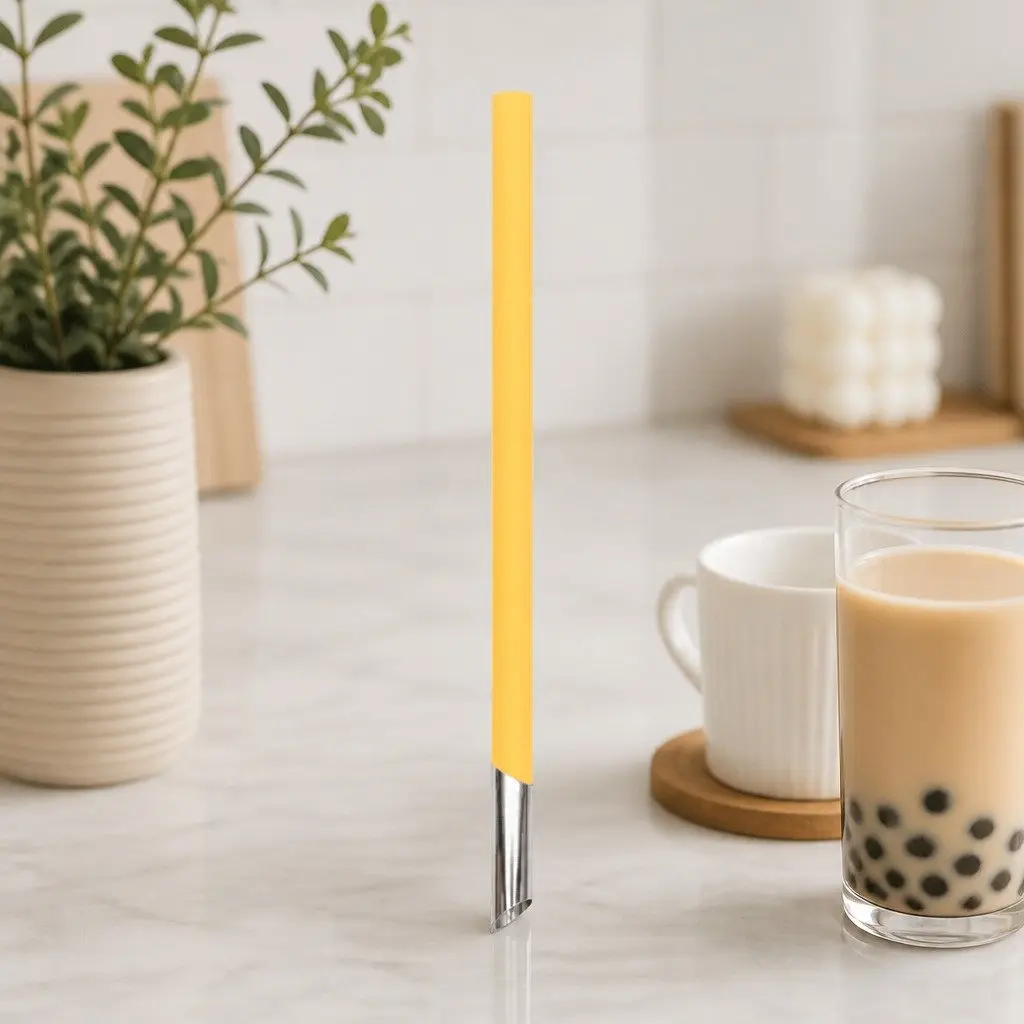 Reusable Extra Wide Bubble Tea Straw with Cleaner Travel Case Carabiner Yellow