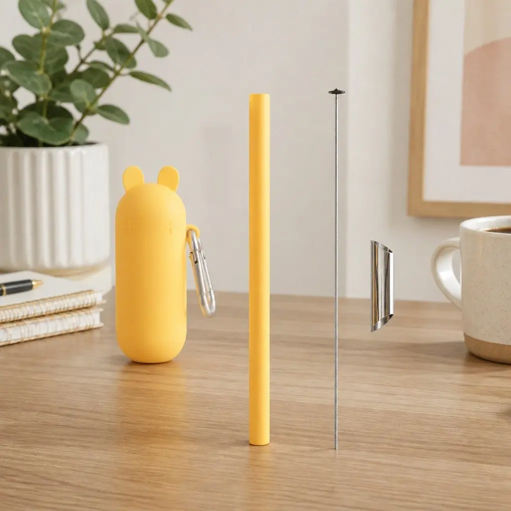 Reusable Bubble Tea Straw Extra-Wide Grey Silicone Travel Case with Carabiner