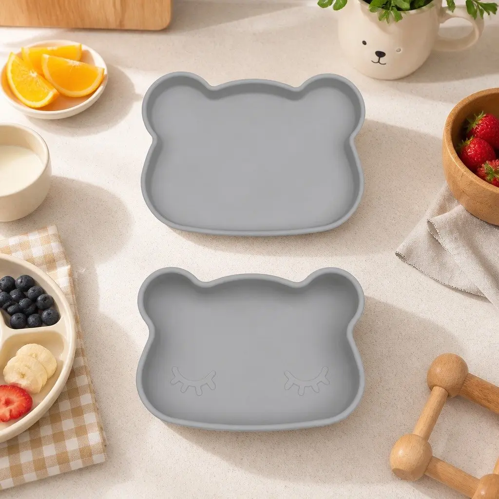 Silicone Snack Bowl Plate Toddler Portable Feeding Dish Grey