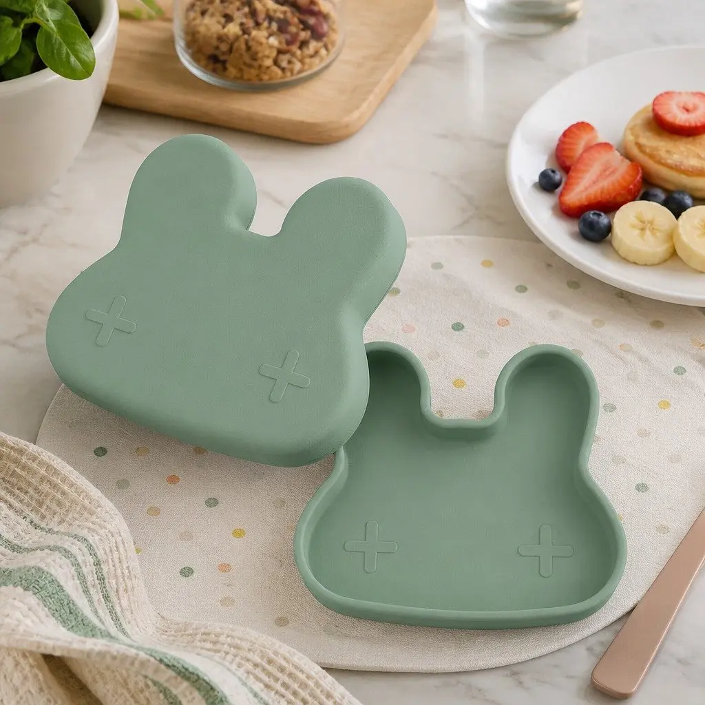 Bunny Snackie Minty Green Toddler Silicone Snack Bowl Plate Strap Freezer Safe