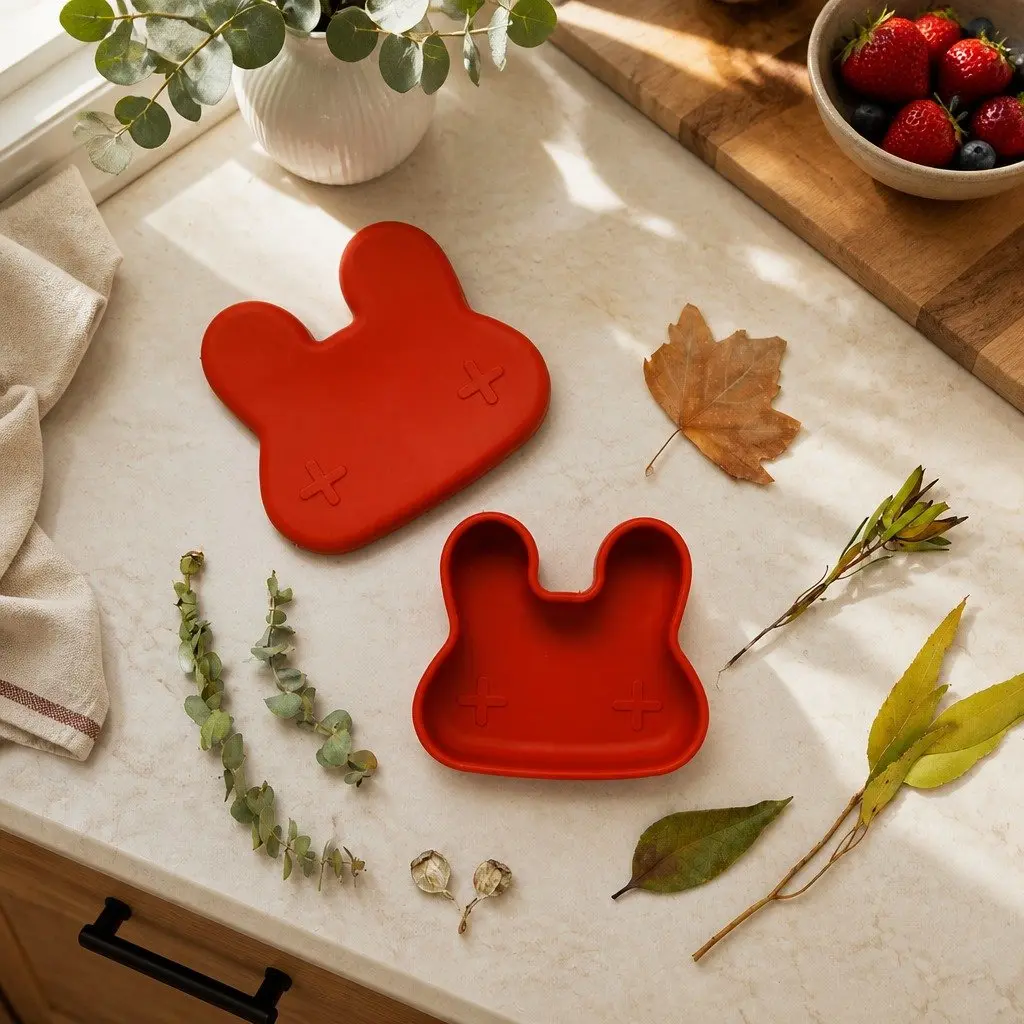 Bunny Snackie Minty Green Toddler Silicone Snack Bowl Plate Strap Freezer Safe