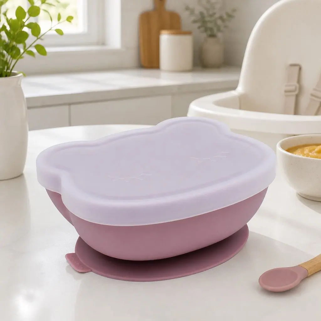 Baby Feeding Bowl Suction Base Dusty Rose with Lid
