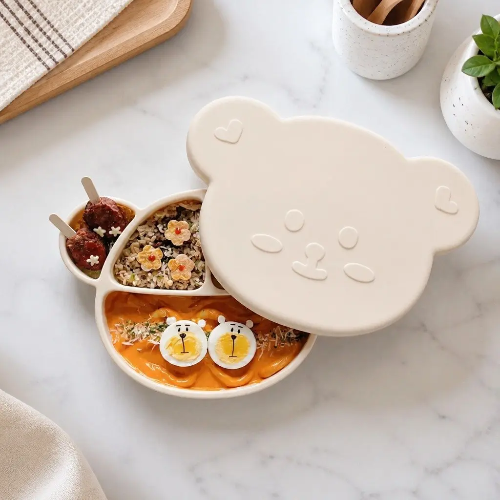 Silicone Suction Food Plate with Lid Multiple Compartments 28.5cm x 20cm Chocolate Brown