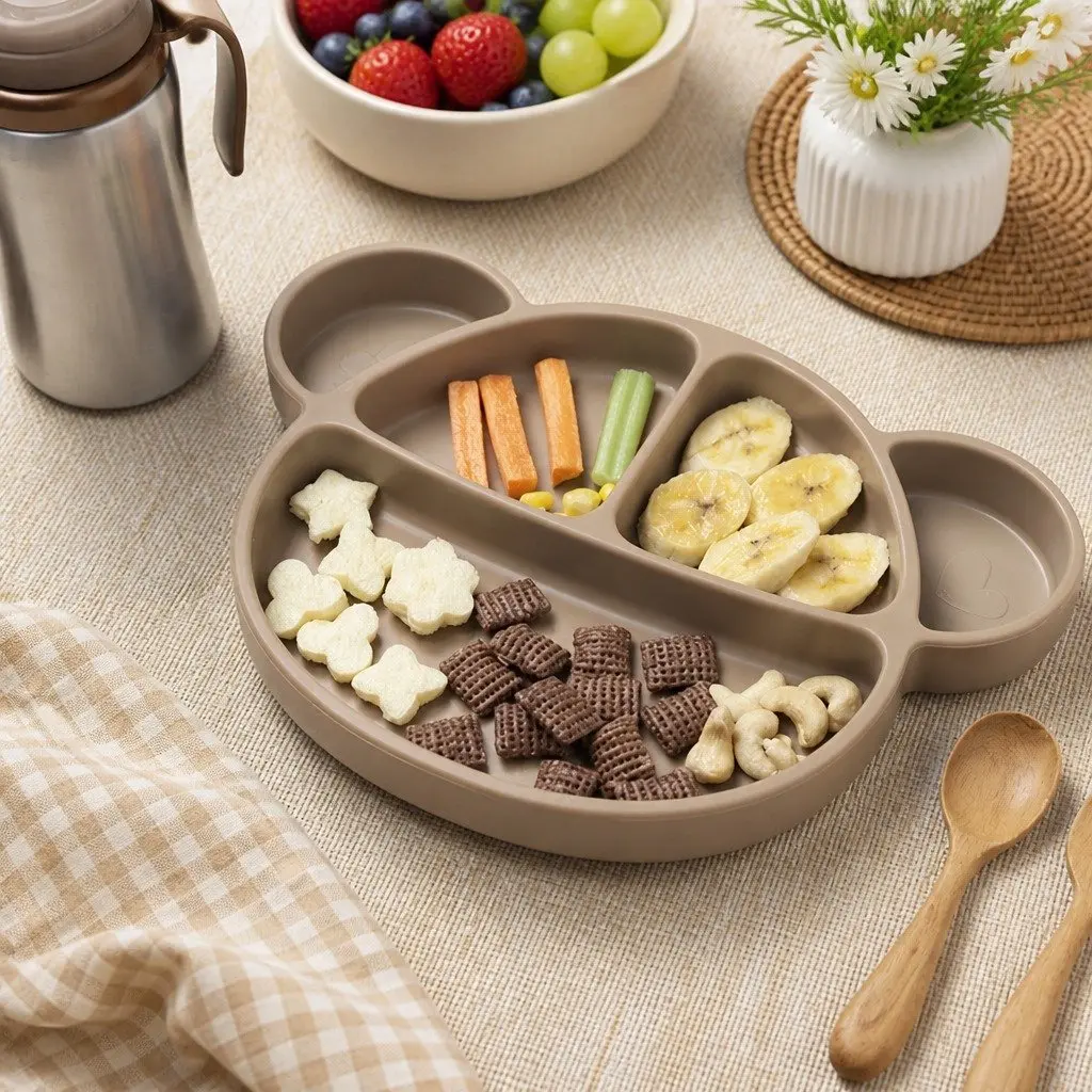 Silicone Suction Food Plate with Lid Multiple Compartments Oatmeal