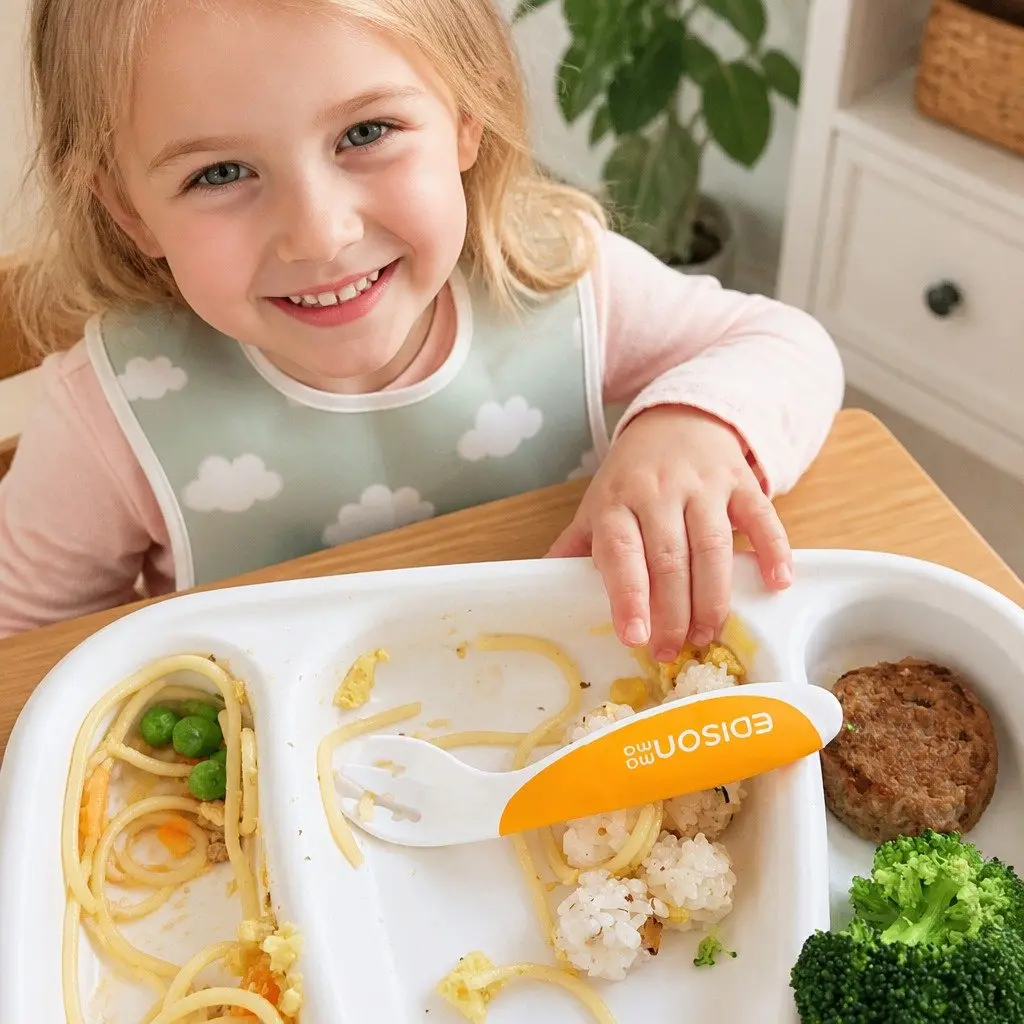 Baby Fork Spoon Set Left Handed Orange Ergonomic Self Feeding Utensils