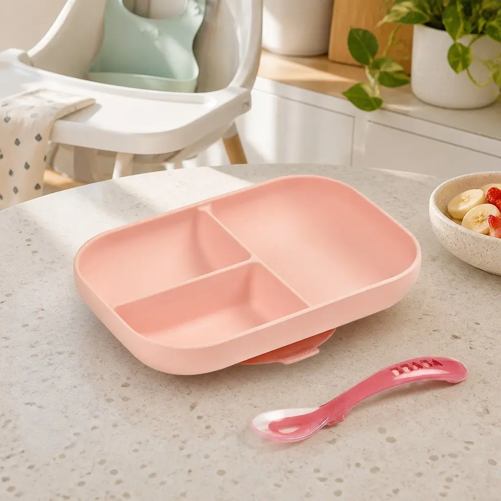 Silicone Suction Divided Plate Spoon Set Baby Feeding Mealtime Non-slip Bottom Pink