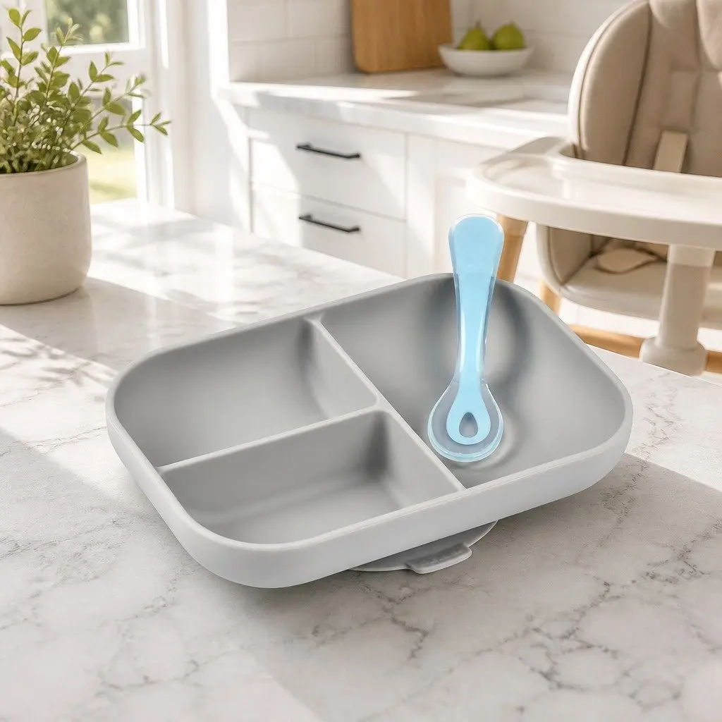 Silicone Suction Divided Plate and Spoon Set Baby Mealtime Feeding Tableware Grey