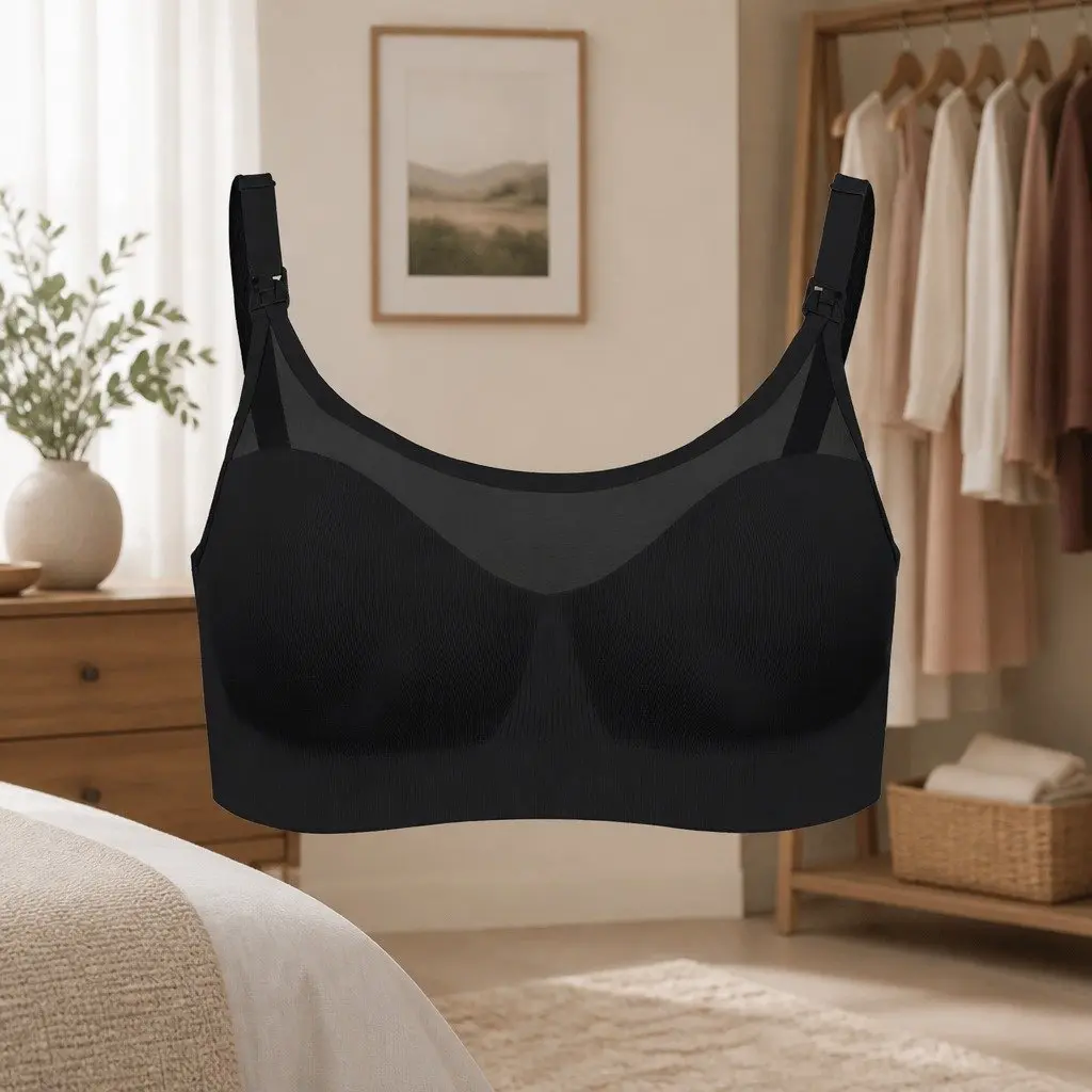 Nursing Bra Seamless Sheer Mesh Scoop Neckline Sweetheart Cut Black S