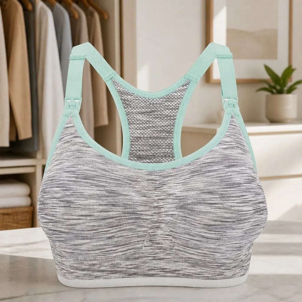 Seamless Nursing Bra Wire-Free 4-Way Stretch Molded Cups M White Grey Spacedye