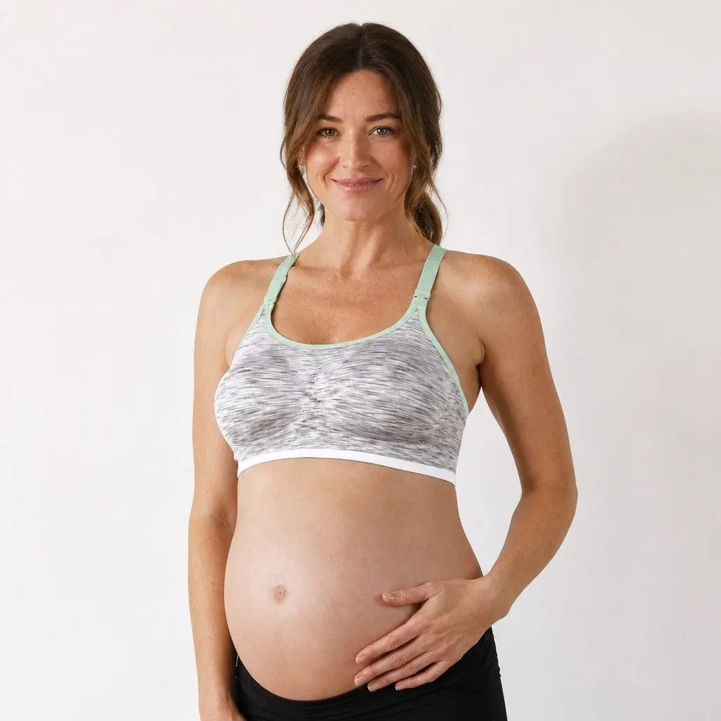 Nursing Bra Seamless Wire-Free 4-Way Stretch Maternity Support Size L White Grey Spacedye