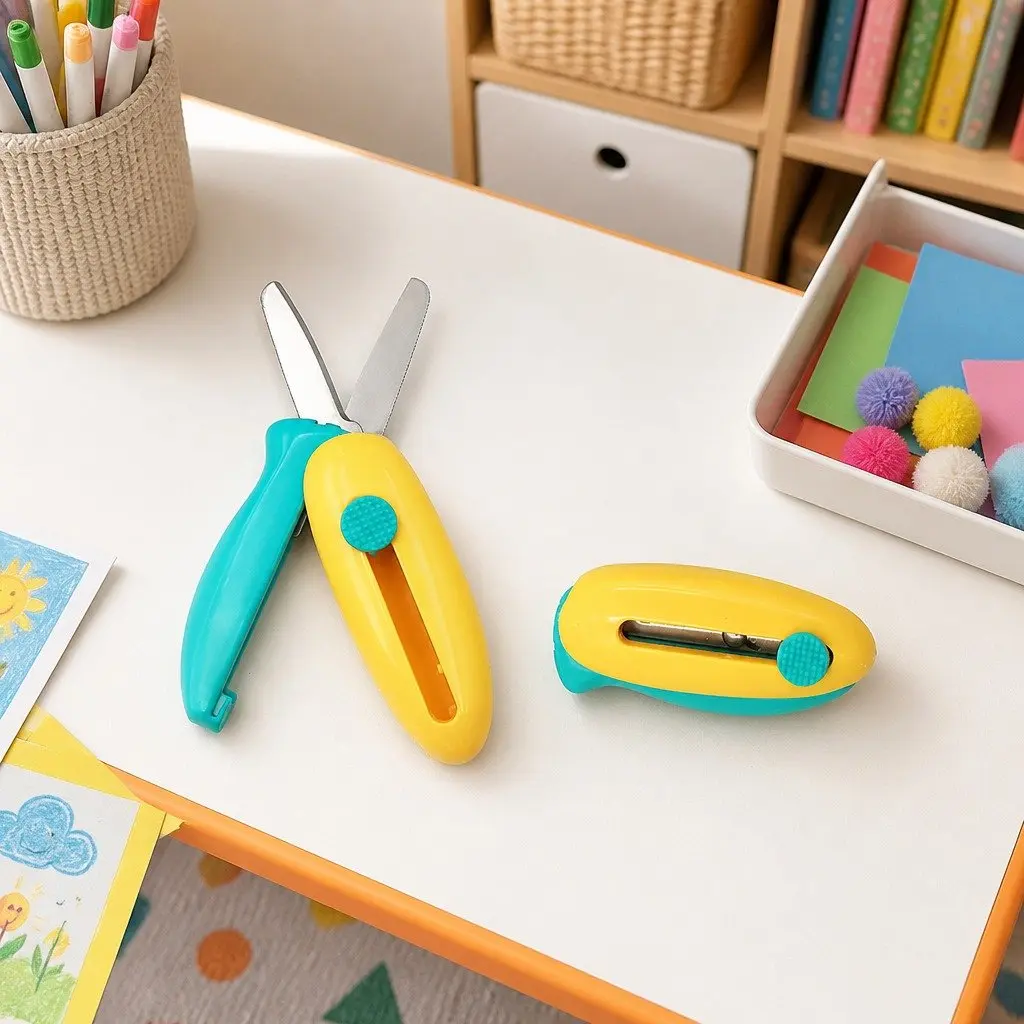 Pocket Scissors Spring-Action Retractable Safe Round Curved Blade for Kids Crafts