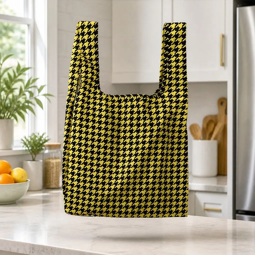 Reusable Shopping Bag Medium Dogtooth Pattern Foldable Grocery Tote Recycled RPET Nylon Water-Resistant Lightweight