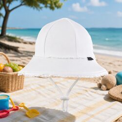 Kids Ponytail Bucket Hat UPF50+ Sun Protection Anti-Flop Brim White Ruffle