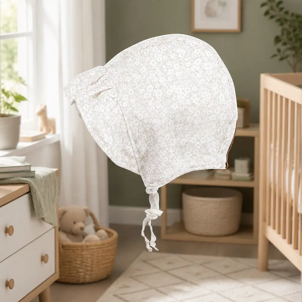 Ruffle Bonnet Hat Reversible UPF50+ Sun Protection M Willow Greige with White Flowers and White