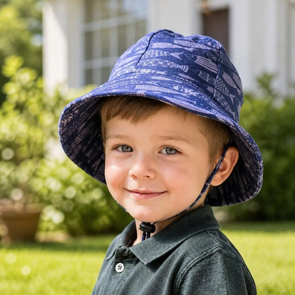 Toddler Bucket Hat UPF50+ Sun Protection Soft Brim Fish Pattern XS Deep Blue