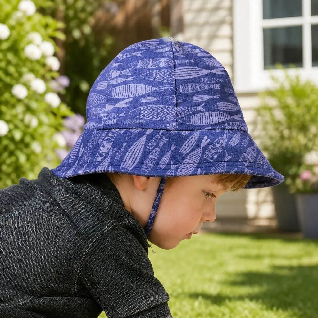 Toddler Bucket Hat UPF50+ Sun Protection Soft Brim Fish Pattern XS Deep Blue