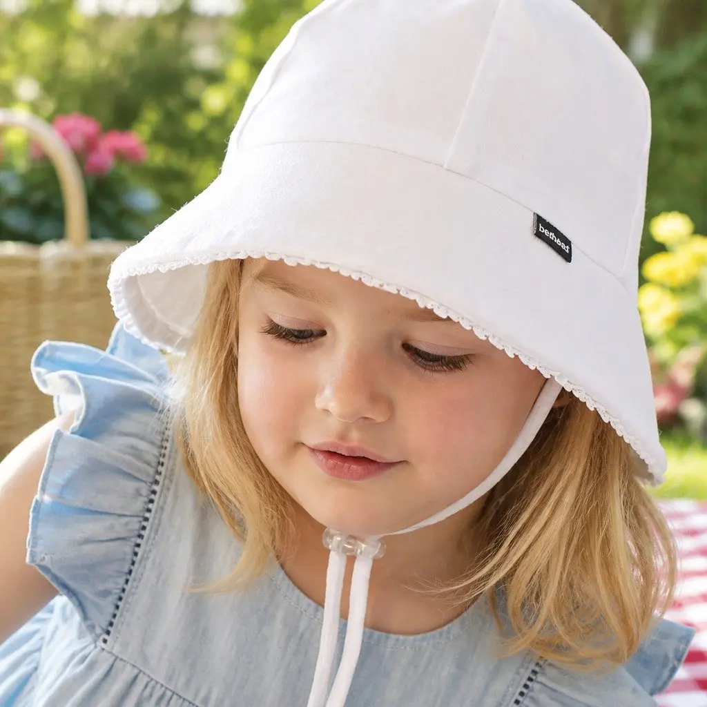 Toddler Bucket Hat Soft Flexible Brim UPF50+ Sun Protection White Ruffle