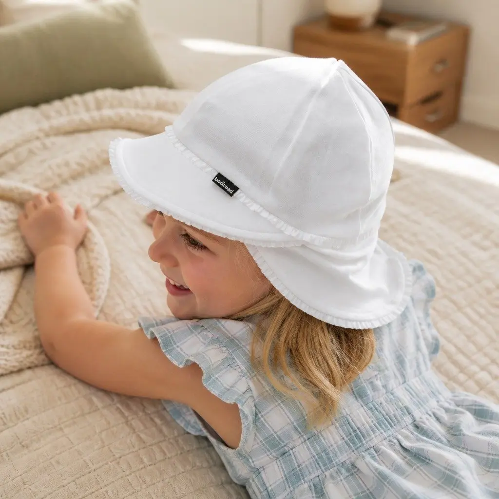 Legionnaire Baby Sun Hat Ruffle Trim White Large Pram Carrier Toddler