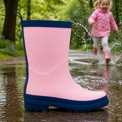 Kids Matte Rain Boots Pink Navy Waterproof Slip Resistant Rubber Puddle Jumping