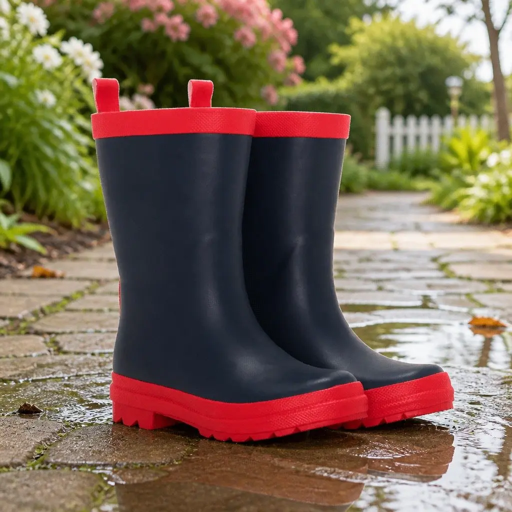 Kids Waterproof Matte Rain Boots Slip-Resistant Rubber Size 5 Navy and Pink