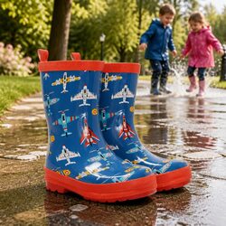 Kids Rain Boots Waterproof Slip-Resistant Rubber Matte Flying Aircrafts Size 6