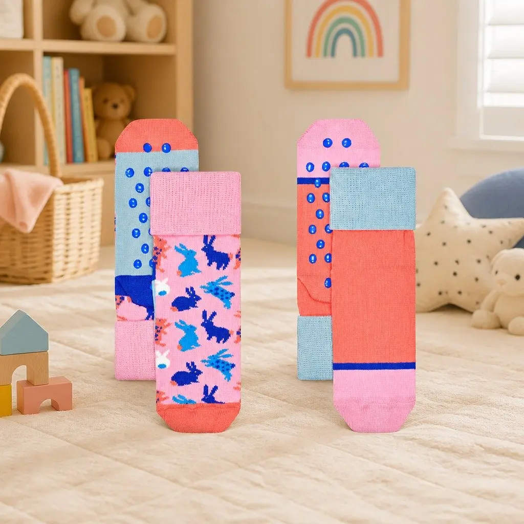Kids Anti Slip Bunny Socks 2-Pack 2-3 Years Toddler Grip Socks with Foldable
