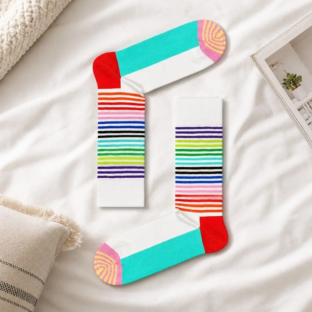 Half Stripe Socks Mint Blue Size 36-39 Casual Colorful Fun Crew Sock