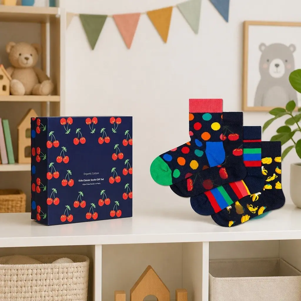 Kids Socks 4-Pack Gift Set Cherry Print Size 2-3 Years Classic Soft Cotton