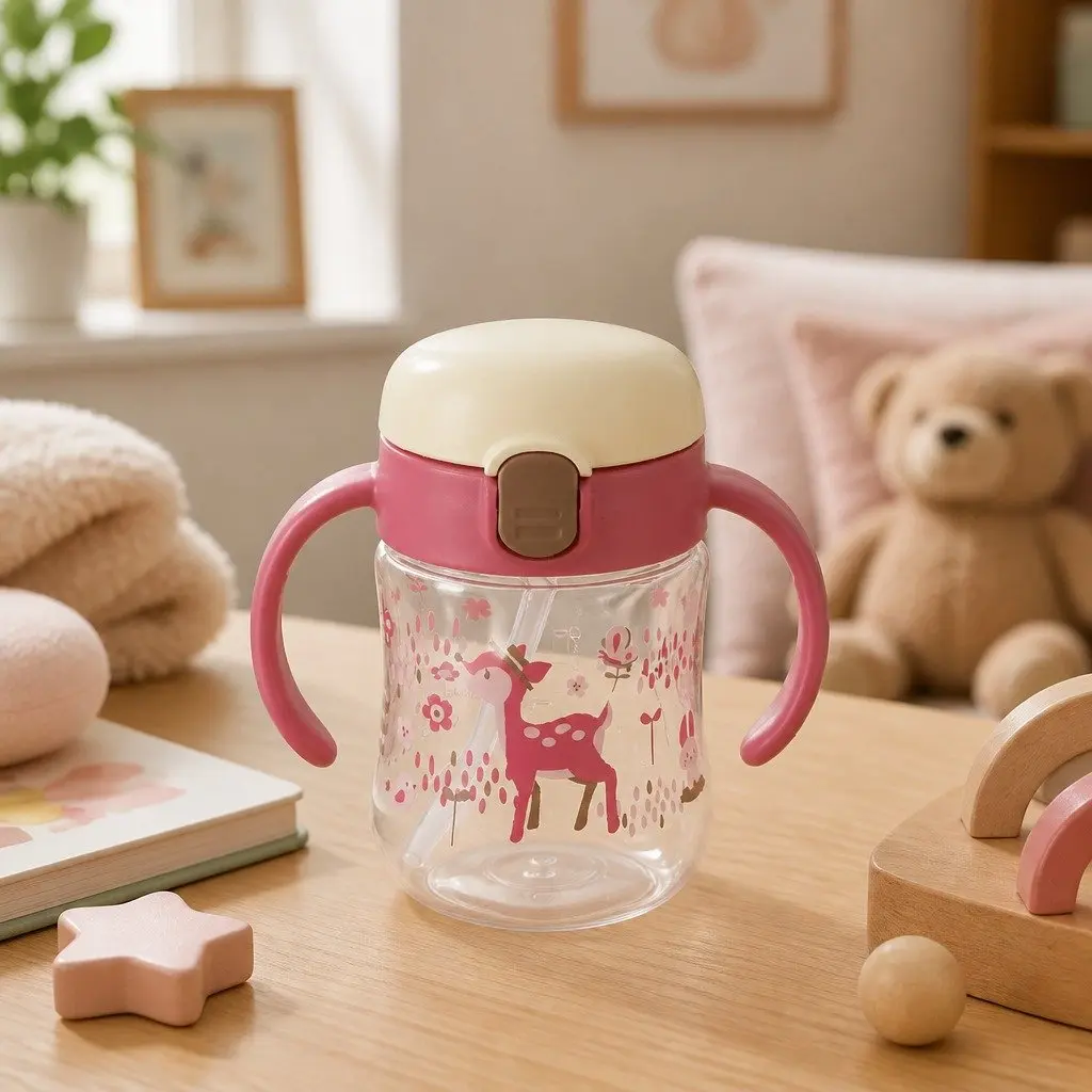 Sippy Cup Straw Training Bottle Baby Transition Drinking Vessel Easy-Grip Handle