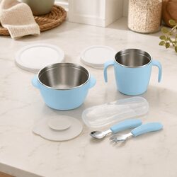 Kids Stainless Steel Feeding Set Bowl Spoon Training Eating Utensil Blue