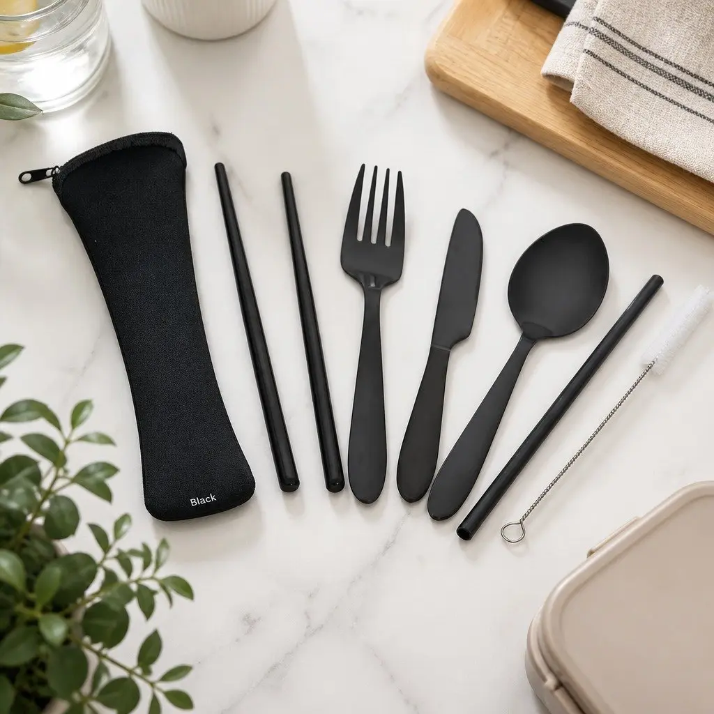 Stainless Steel Traveller's Cutlery Set 7 Piece Portable with Neoprene Pouch Black