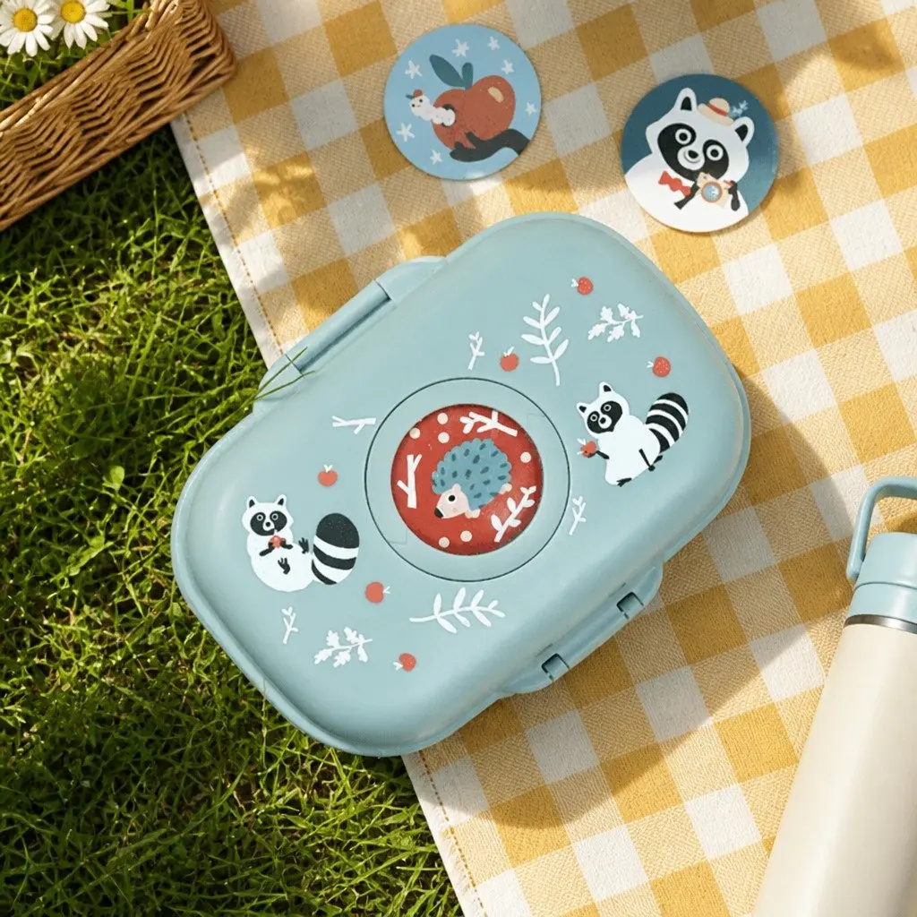 Kids Snack Lunch Box Portable Airtight Green Raccoon Print