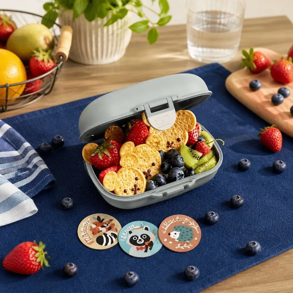 Kids Snack Lunch Box Portable Airtight Green Raccoon Print