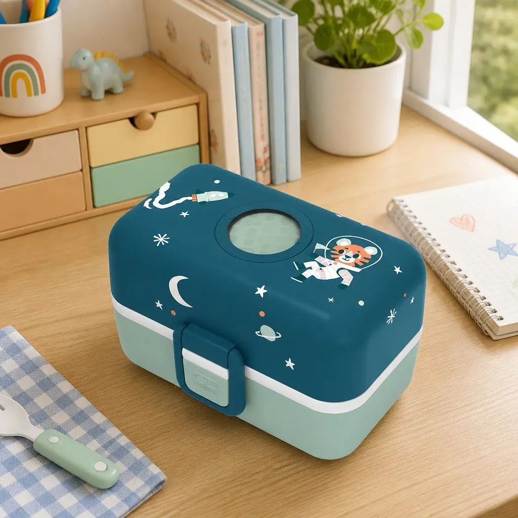 Kids Bento Lunch Box with Compartments Handle Airtight Food Storage Container Cosmic Blue