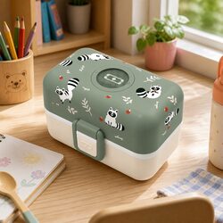 Kids Bento Lunchbox Green Raccoon Compartment Container Handle Lunch Box
