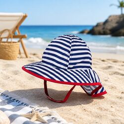 Infant Sun Sprout Hat UPF50+ Navy White Stripe Baby 6-12 Month Soft Breathable