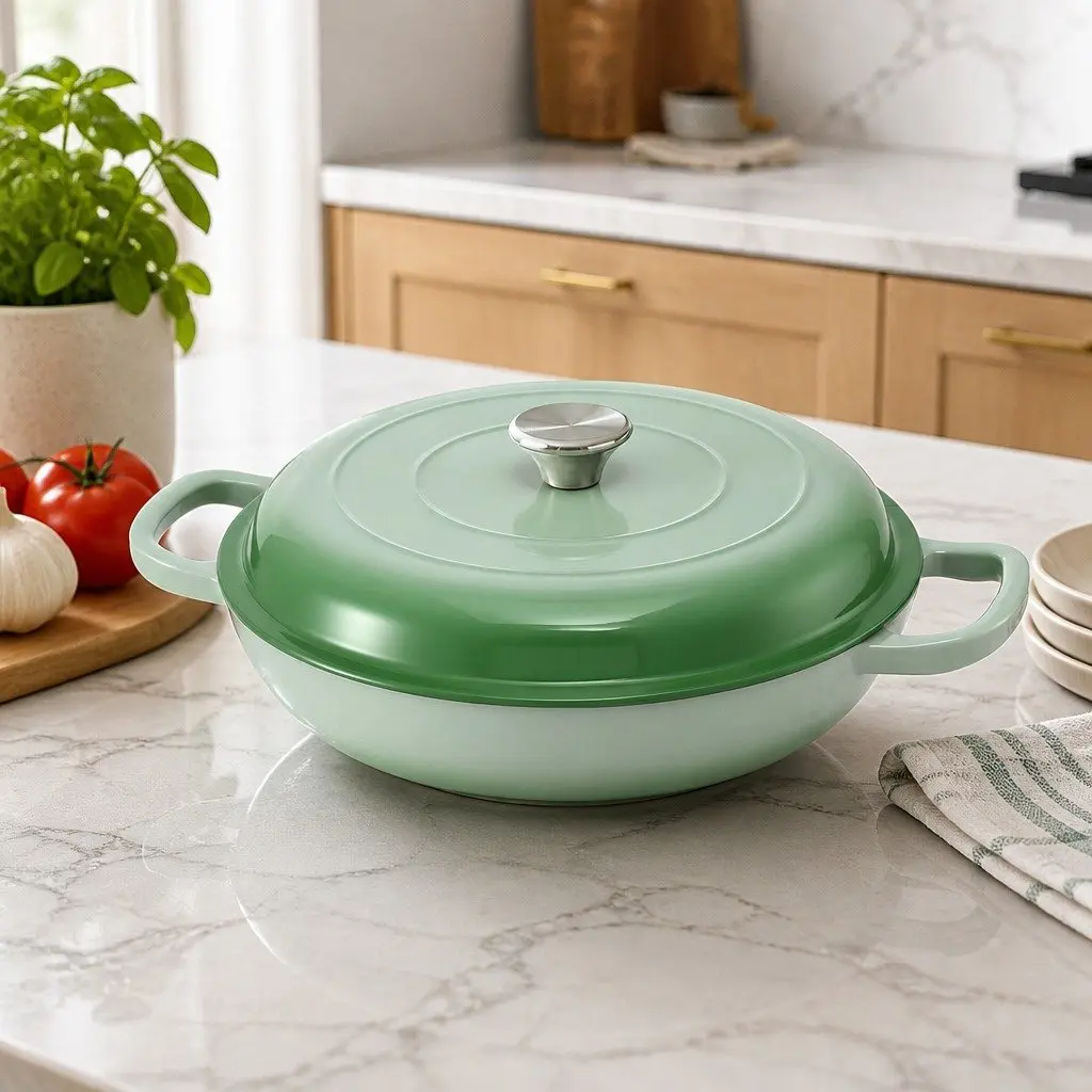Enameled Cast Iron Dutch Oven 3.3L Green Lid for Bread Baking Braising Stewing
