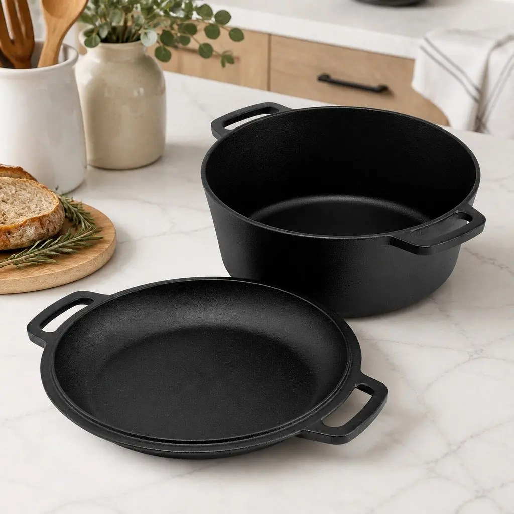 Cast Iron Dutch Oven Pot 5L Pre-seasoned Black Dual Handles 2-in-1 Bread Baking